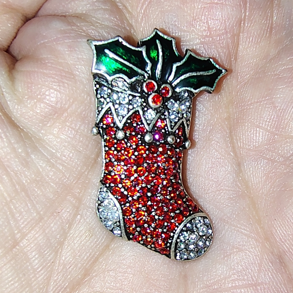 Christmas Stocking Jewel Rhinestone Encrusted Enamel Brooch Vintage Silver Tone
